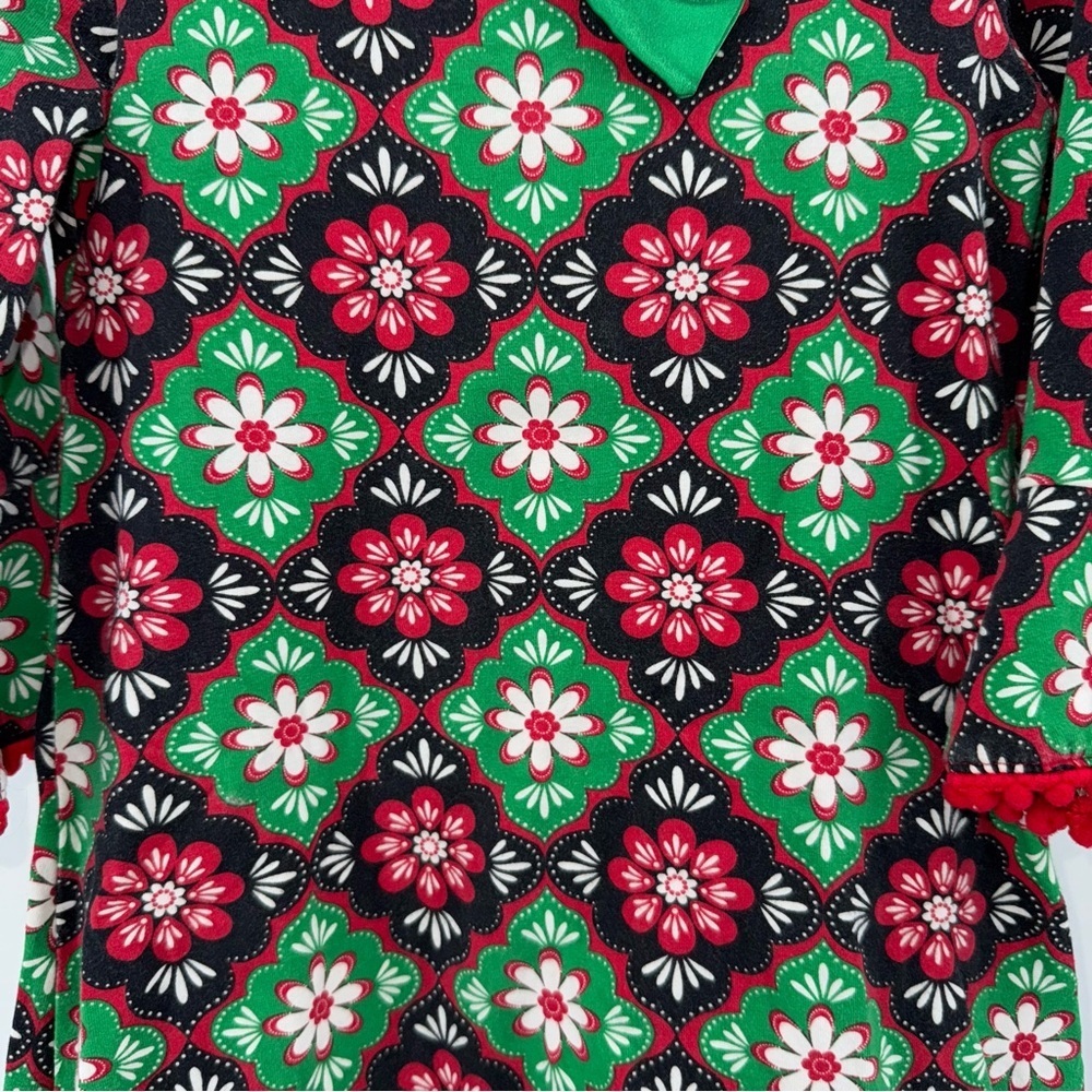 Counting Daisies Floral Christmas Holiday Patterned Dress with Green Bow - Picture 2 of 5